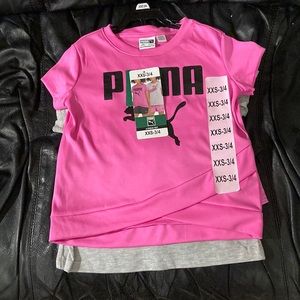 Puma girls 4 piece set t-shirt & shorts NWT sz. xxs-3/4 hot pink & black/gray
